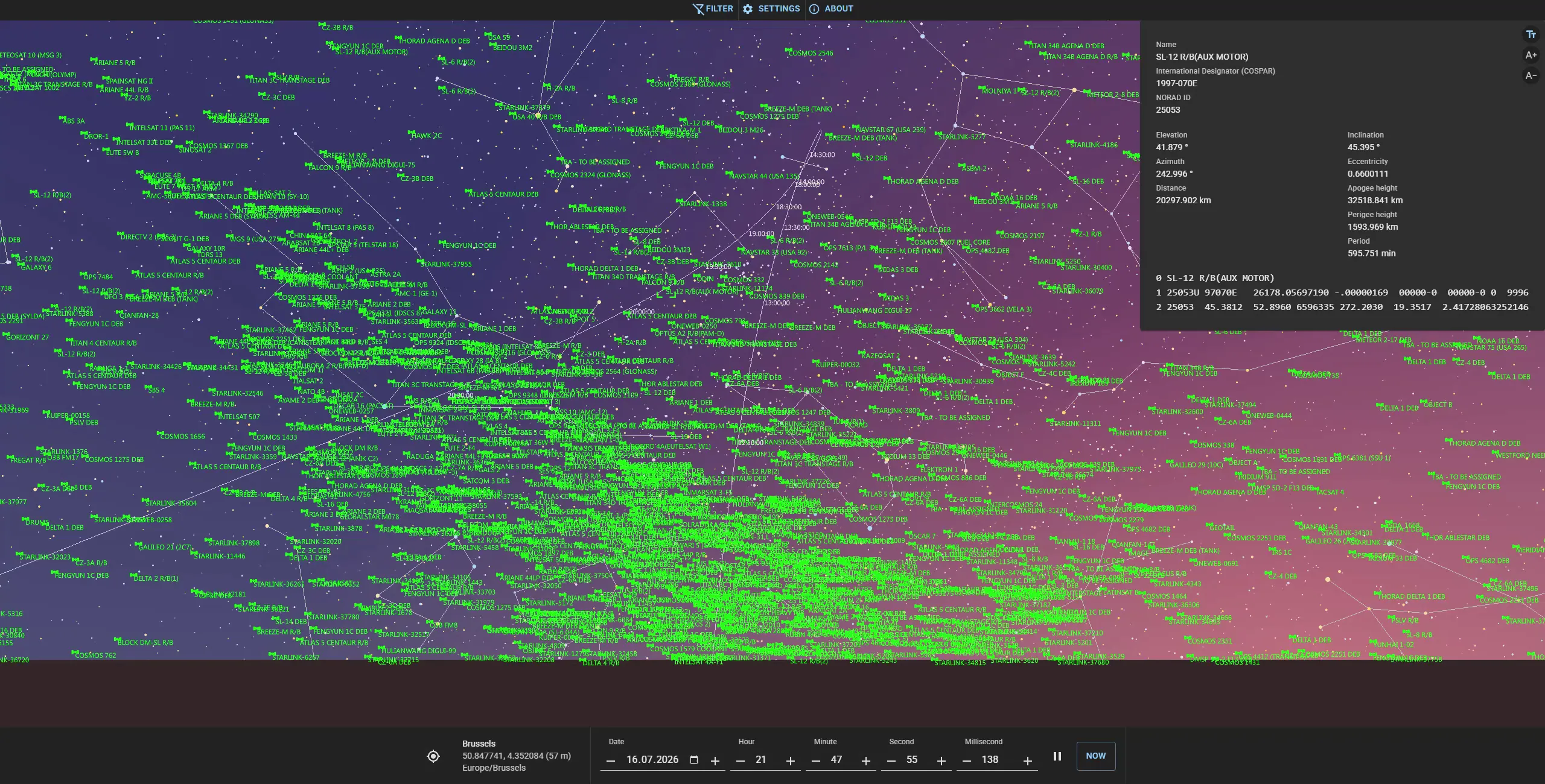 Satellite Engine showing the sky over Brussels: thousands of green satellite labels spread across a twilight sky, with constellation lines, an orbital trajectory marked by timestamps, and a panel of orbital details for the selected rocket body.